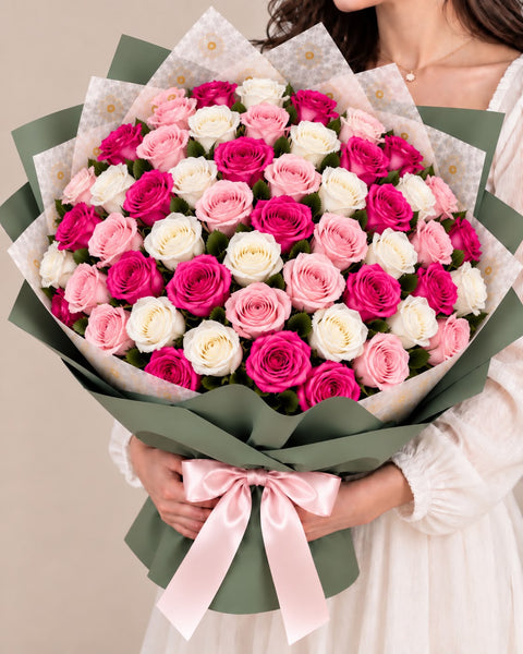 Mixed Roses — Hot Pink, Light Pink, White