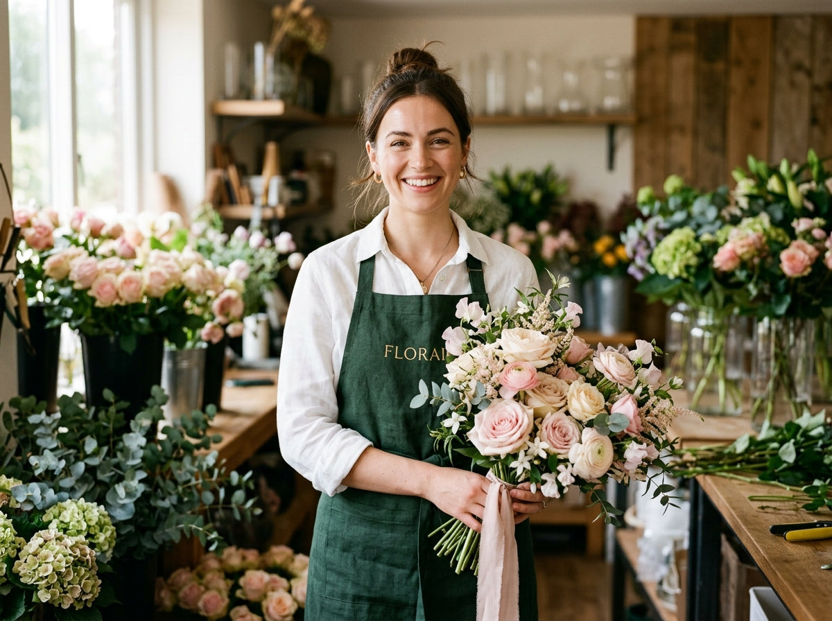Florai florist holding a handcrafted bouquet