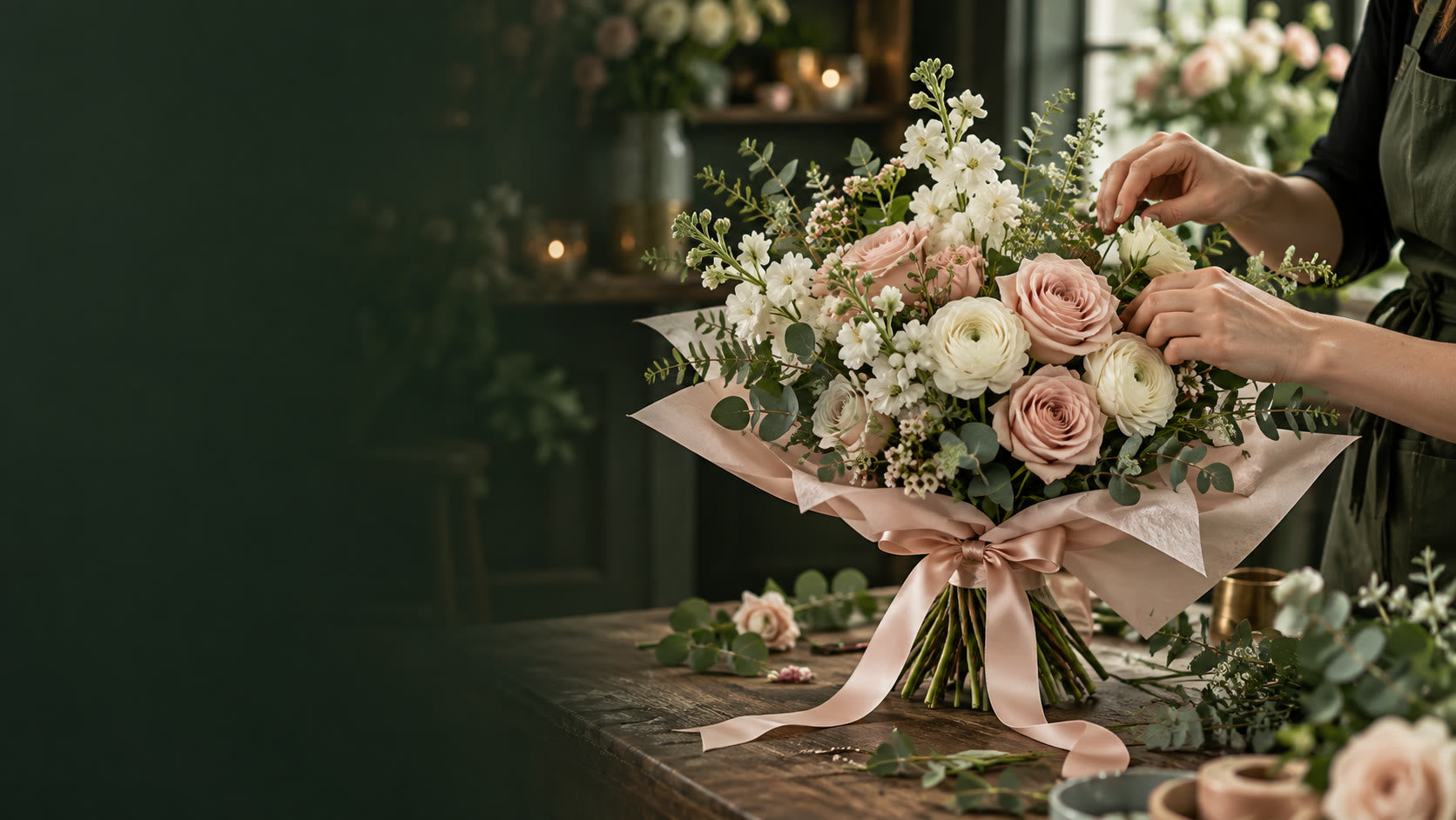 Florist finishing a blush pink bouquet