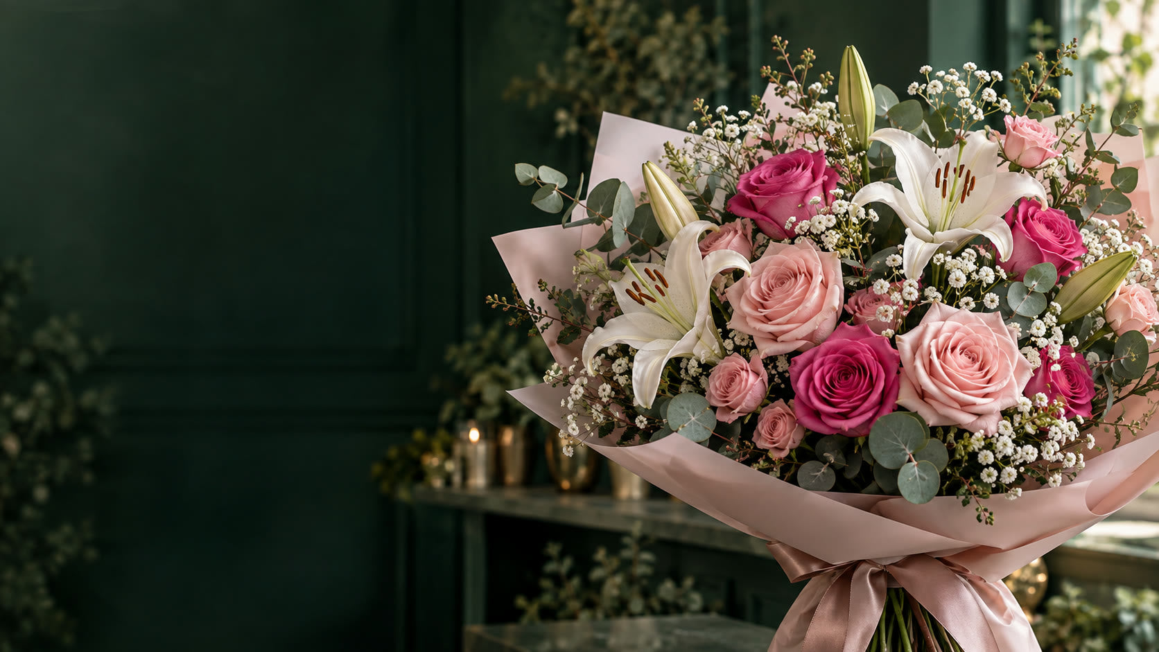 Pink roses and ivory lilies bouquet
