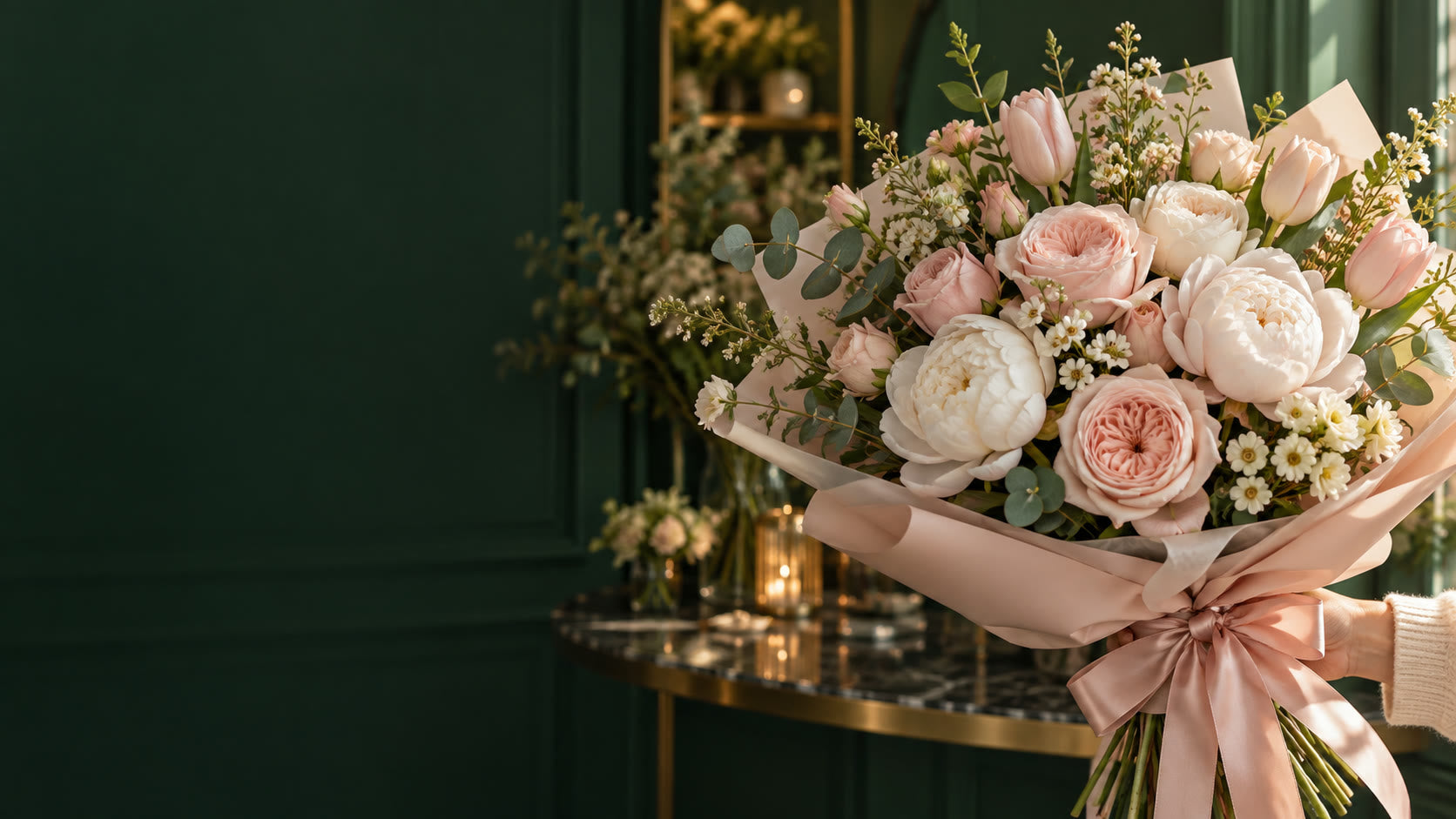 Blush roses, peonies and tulips bouquet